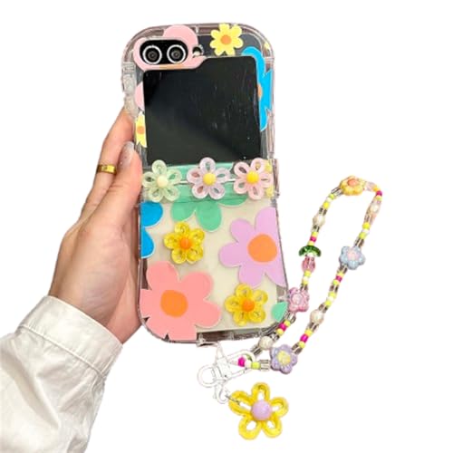 Coque Samsung Z Flip 6 fleur 3D transparente avec chaîne perles