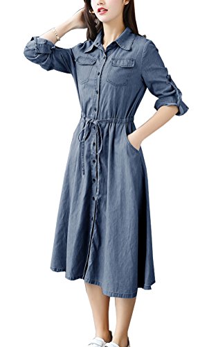 UAZNegozio Women Roll Up Long Sleeve Denim Dress Midi Long Dress