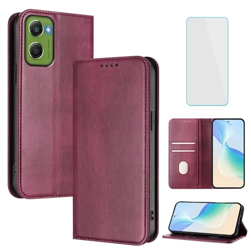 OUEAYIEN Funda para Motorola Moto G06/G06 Power Tapa Libro con Protector Pantalla Bloqueo RFID Cuero Carcasa Cartera Ranuras Tarjetas Vintage móvil Funda Motorola G 06 Go6 Power Moto G06Power Borgoña
