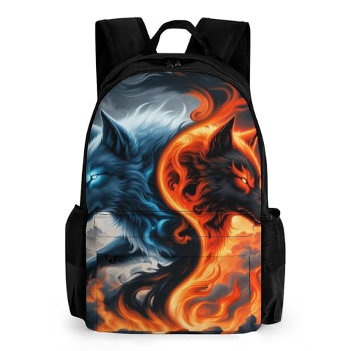 Supdreamc Men Women Lightweight Ice And Fire Yin Yang Wolf Art Backpack Large Capacity Carry On Bag With Padded Straps for Sports Work Walking Cycling