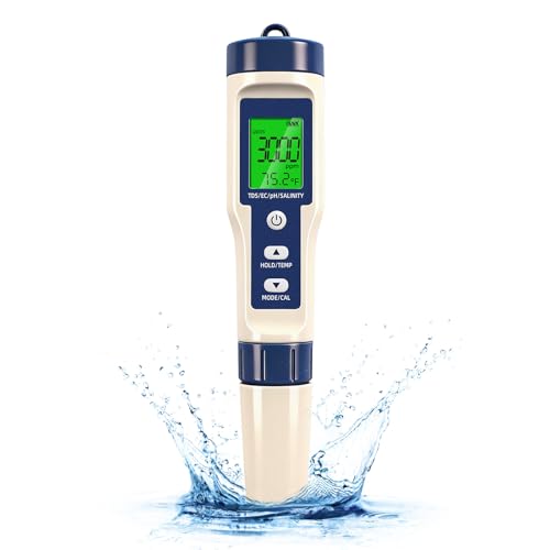 Pool Salt Tester & PH Meter - 5-in-1 Digital TDS Meter for Salinity PH Temp and EC 0.01 High Accuracy Swimming Pool Hydroponics Aquarium Hot Tub PPM Meter for Pool Drinking Water Wine Food