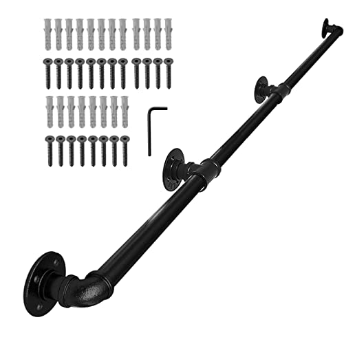 FSHIHINE Metall-Treppenhandlauf, 3,3 m Handläufe für Treppen, Innen- und Außenwandhalterung, Geländer, Handgeländer, Stützset, Rohr, Handlauf, Treppenstufen, industrielles verzinktes Eisen - Schwarz Cover