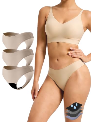 Image of Seamless Thong Period Underwear for Women Teens Light Flow Moisture Wicking Side Leak Prevention Panties 3 Pack