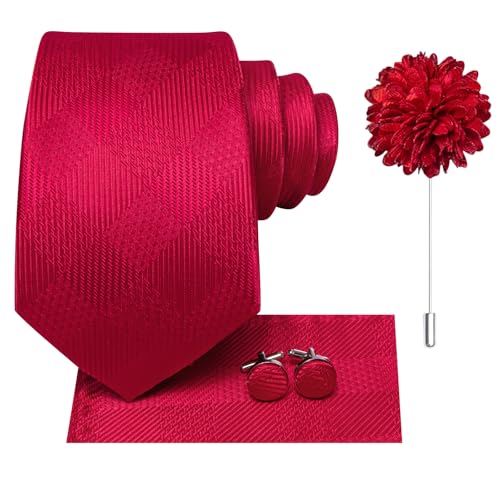 Image of Hi-Tie Mens Red Solid Neckties Classic Silk Formal Tie Lapel Pin Pocket Square Cufflinks Sets Formal Business Wedding