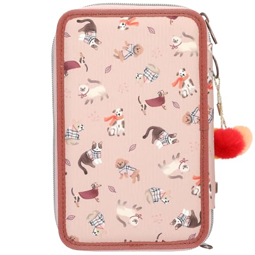 Depesche 13673 TOPModel Fur Ever Friends - Gefüllte 3-Fach Federtasche in Rosa und Kupfer, mit Model Motiv, Hund und Katze, Federmappe mit Buntstiften, Schere, Lineal UVM.