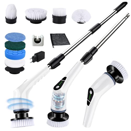 TAVADA Cepillo Electrico Limpieza Hogar, 8 en 1 Fregadora Giratoria Eléctrico con 8 Cabezales Reemplazables y Impermeable IPX7, 5 Velocidades, 30-106cm Mango Ajustable, para Hogar, Baño, Coche