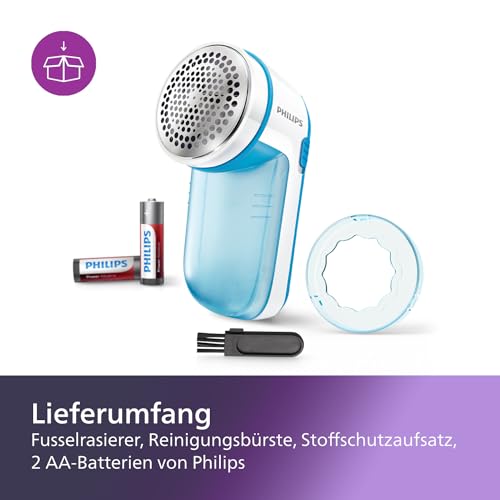 Philips Fusselrasierer – Fusselentferner für Kleidungsstücke, geeignet für alle Textilien, 2 Höheneinstellungen, batteriebetrieben (2X AA-Batterien inkl.), blau (GC026/00)