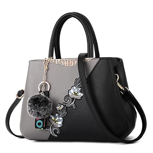 Borsa Donna Grande in PU Impermeabile - 3-in-1 a Mano e a Spalla Elegante con Fiori e Design Bicolore Ideale per Uso Quotidiano Casual Viaggio Lavoro e Festa Grigio nebbia