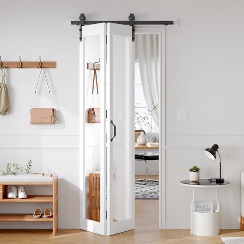 Image of FREDBECK Bifold Barn Door 36x84 (Double 18x84) with 1 Lites Mirror,Bi-fold Closet Doors Hardware Kit Included,40 inch Track for 2 Doors, PVC, White,for Living Room, Bathrooms, Kicthen