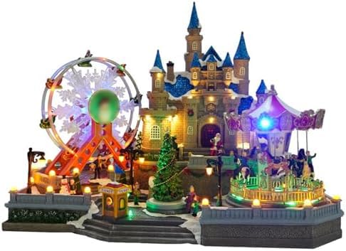 Casas de pueblo de Navidad con carrusel de parque de atracciones, música y luces LED para decoración navideña de interiores, decoración de mesa coleccionable