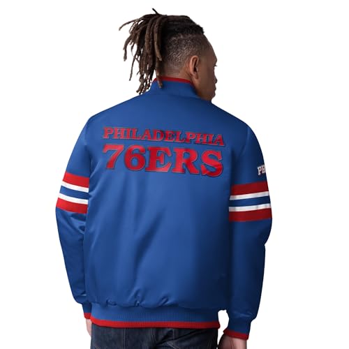 G-III Sports NBA Men's StarterFit Scout I Full-Snap Satin Varsity Jacket (US, Alpha, Large, Regular, Regular, Philadelphia 76ers - Blue) - Image 2