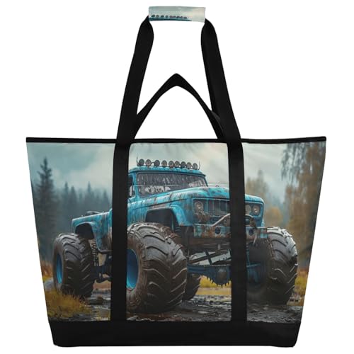 Monster Truck Blue Large Insulated Reusable Tote Bag for Grocery Shopping for Women Men, Cooler Bag with Zippered Top & Handles for Travel Beach Picnic