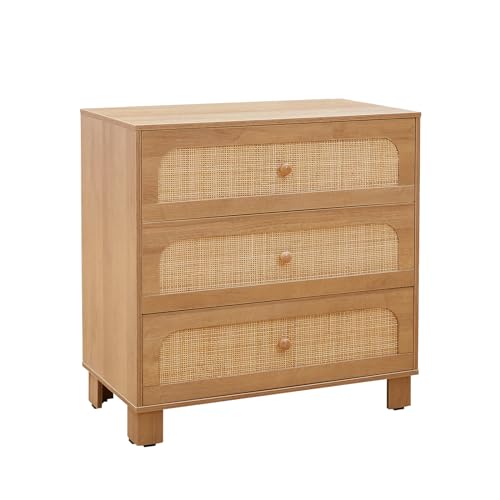GANLLY 3 Drawer Dresser for Bedroom, Rattan Modern Closet Dressers Chest of Drawers, Wood Oak Storage Chest for Kids Bedroom, Hallway, Living Room