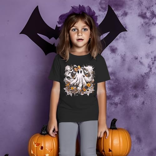 Girls Halloween Shirt Kids Floral Ghost Graphic T-Shirt Retro Spooky Season Tee Funny Print Short Sleeve Fall Top2