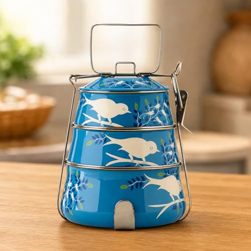 Image of iHandikart Handpainted Multiple Tier Decorative Stainless Steel Tiffin Box, With Lid and Handle, Color - Multicolor, Perfect Used For - Festival Gifts, School and Office Use (IHK-HPT3-007)
