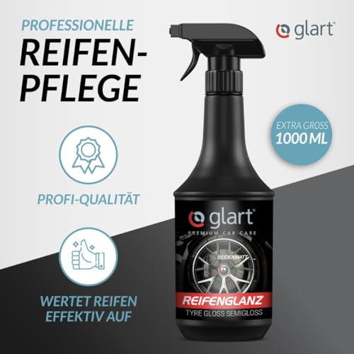 Glart 451RK Reifenglanzspray 1000 ml mit Schwamm – seidenmattes Finish – Reifenpflege mit UV-Schutz – schwarz auffrischend – für Auto, Wohnmobil, Motorrad – für Gummi und Kunststoff