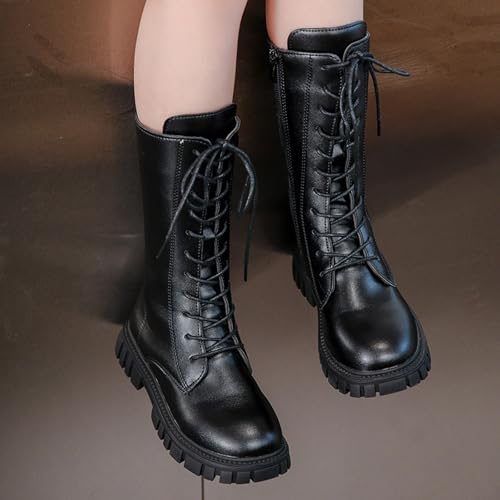Girls Combat Boots Mid Calf Lace-up Riding Boots Fall Winter Fashion PU Leather Side Zipper Punk Goth Booties3