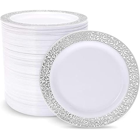 supernal 100pcs Plastic Silver Plates, 10.25" Big Party Dinner Plates, White Plastic Plates with Silver Rim，Silver Plastic Plates for Party or Wedding, Silver Lace Plates Cover