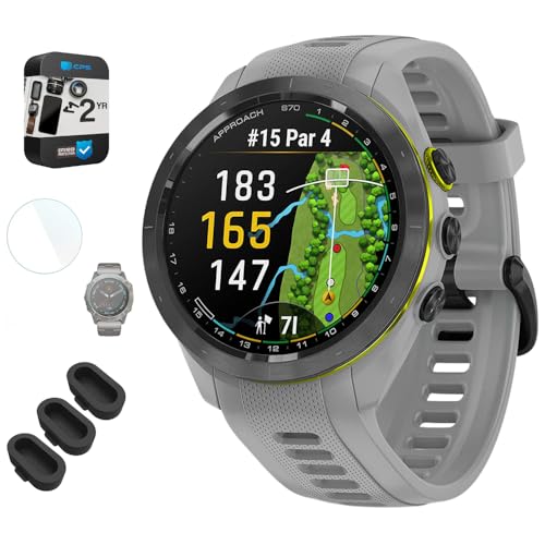 Garmin 010-02746-01 Approach S70 42 mm Premium GPS Golf Watch Powder Grey Band Bundle with Deco Essentials Silicone Dust Cover 3 Pack, 1.4 Inch Screen Protector and 2 YR CPS Enhanced Protection Pack