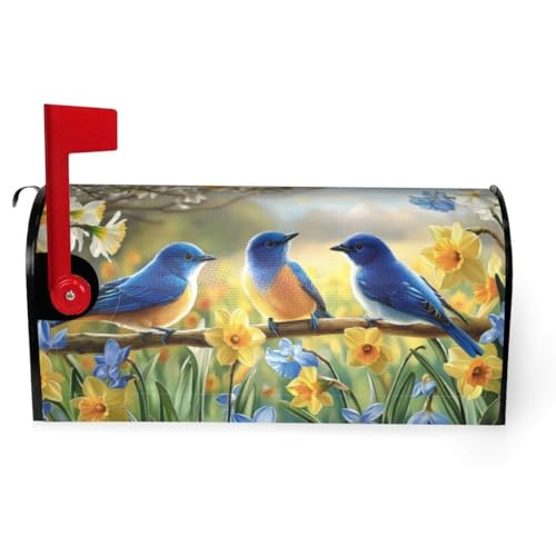 Image of Spring Summer Flowers Magnetic Mailbox Covers Standard 18 X 21 Inch Blue Birds Daffodils Floral Mailbox Cover Waterproof Post Wraps Spring Mailbox Cover for Garden Yard Home Decoration