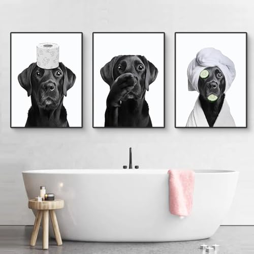 Uixxducc 3 Stück Poster Badezimmer Bilder Badezimmer Deko Bilder ohne Rahmen lustige Hund Wanddeko Bild WC Toilette Deko Schwarz Weiß Wandbilder (21×30 cm)