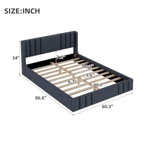 Image of Harper & Bright Designs Queen Size Upholstered Platform Bed with Wingback Headboard and Wooden Slats Support for Bedroom, Gray