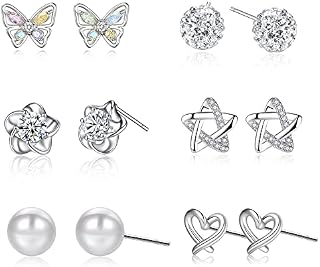 Silver Stud Earrings for Women,S925 Sterling Silver Stud Earrings Cute Deer Butterfly Heart Silver Studs Cubic Zirconia Hypoallergenic Silver Earrings for Girls Sleeper Cartilage Studs Earring Sets