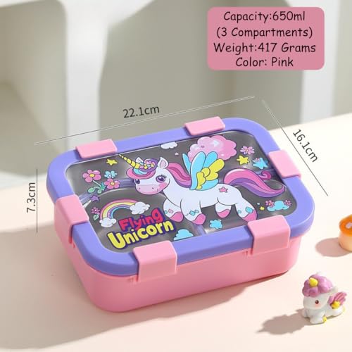 Image of Motka Kids 650 ML Lunch Box Set with Insulated Lunch Bag | 3 Compartments BPA Free Leakproof, Bento Snack Container for School, Travel & Picnic | Cute Cartoon Design for Boys & Girls (Pink)
