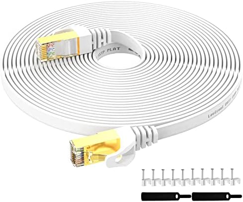 Lovicool CAT 7 Ethernet Patch Cable 100ft Ultra Flat Internet Networking Cords speed up to 10Gbps Gold Plated 8-core Shielded RJ45 Connectors for Modem Router LAN Network White 30m