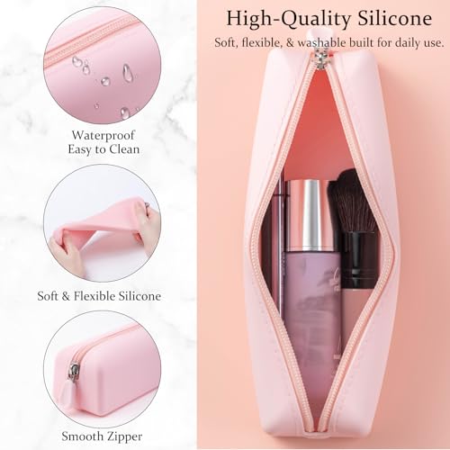 Cute Silicone Makeup Brush Holder, Soft Portable Cosmetic Brush Bag with Zipper, Travel Makeup Brush Case(01Lightpink)3