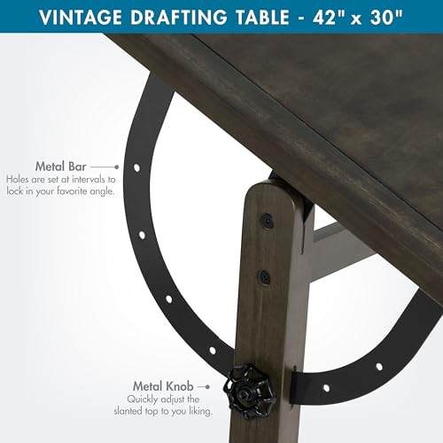 Image of Studio Designs Vintage Drawing /Drafting Table with Pencil Ledge - 42 inch W x 30 inch D - Distressed Black - Adjustable Tilting Top