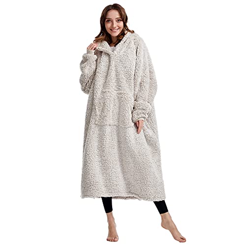 Oversized Teddy Fleece Hoodie Blanket for Women Cuddly Sherpa Wearable Snuggle Blanket Hoody for Adults Kids Men Teenager Super Warm and Soft Brown-Over Length