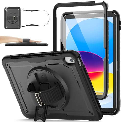 SEYMAC stock iPad A16 第11世代11インチ/第10世代10.9インチ専用ケース 耐衝撃 Gフック式ハンドストラップ 360°回転スタンド ペン収納 ショルダーストラップ フィルム付き前面フレーム 全面保護カバー (ブラック)