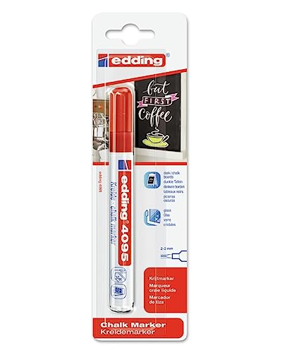 edding 4095 marcador de tiza - rojo - 1 rotulador de tiza - punta redonda 2-3 mm - rotulador para cristal borrables - para pizarras, vidrio y espejos - tiza líquida de cobertura opaca