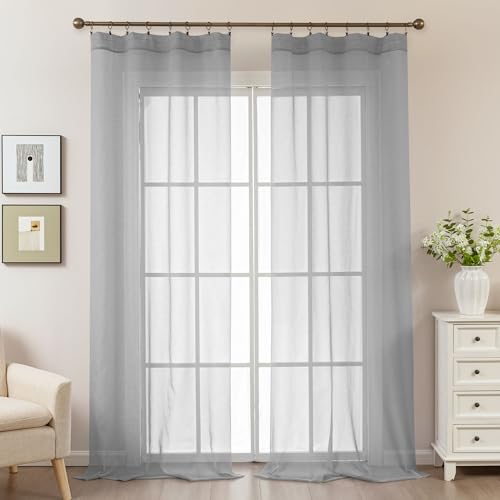 Image of Grey Sheer Curtains 108 Inches Extra Long, Privacy Semi Sheer Curtains for Living Room Bedroom, Light Filtering Rod Pocket Voile Window Drapes 2 Panels Set, Each 42 inch W x 108 inch L