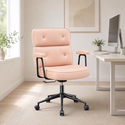 Image of Ergonomic Home Office Desk Chair, PU Leather Computer Chair with Lumbar Support, Adjustable Height, 360 Swivel Rolling Wheels, Executive Task Chair for Office, Gaming, Meeting Room, Pink