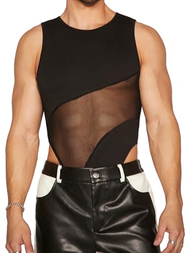 Floerns Men's Contrast Mesh Tank Top Body Suits Sleeveless Disco Underwear Shapewear