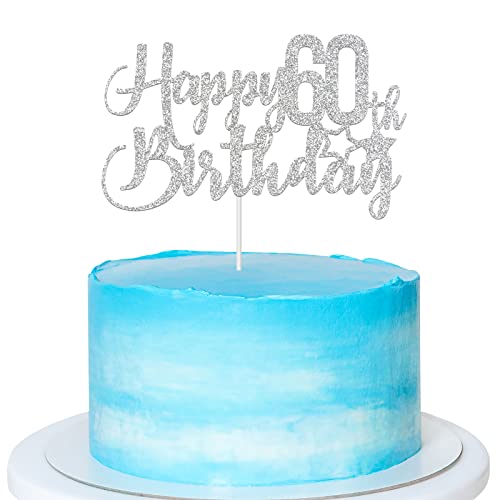 Silver Glitter Happy 60th Birthday Cake Topper