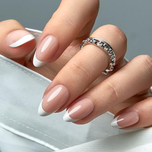 CurvLife Press On Nails Medium Almond White French Tip, Nude Pink...