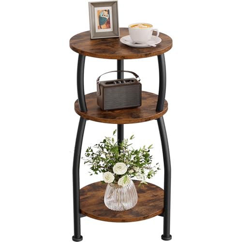 Yuede Small Round Side Table, 3-Tier End Table with Storage Shelf, Slim Sofa Table Coffee Table, Sturdy & Easy Assemble Nightstand for Small Spaces, Living Room Bedroom Corner, Rustic Brown