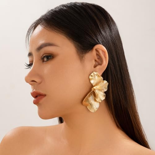 Big Gold Statement Earrings for Women Chunky Gold Earrings for Women Trendy Silver Large Flower Ginkgo Leaf Floral Earring Long Drop Dangle Earring Chunky Silver Jewelry4