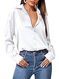 HOTOUCH White Silk Women's Long Sleeve V Neck Shirts Satin Business Work Button Down Tunic Blouse Spring Tops White L