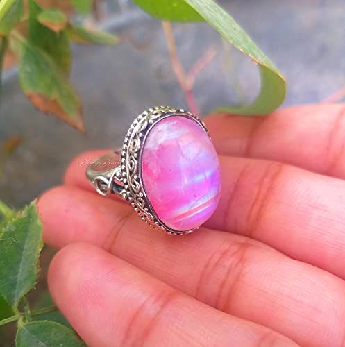 Natural Pink Moonstone Ring, Moonstone Jewelry, Handmade Silver Ring, 925 Sterling Silver, Mother Gift, Antique Ring For Women, Bohemian Jewelry, Oval Moonstone Gemstone Ring (rose-quartz, 7)
