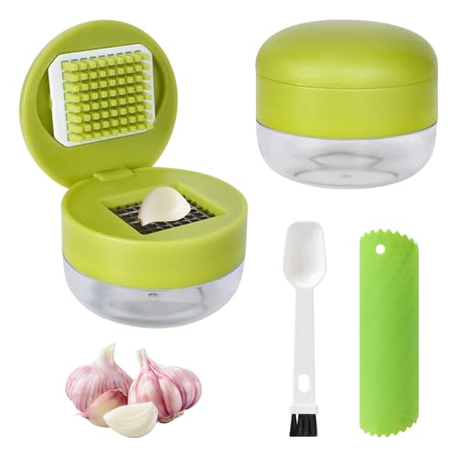 Presses Ail, 4 Pièces Presse-ail Manuel, Broyeur de Gingembre en Acier Inoxydable 304 de Qualité Alimentaire avec Outil Éplucheur en Silicone et Brosse de...