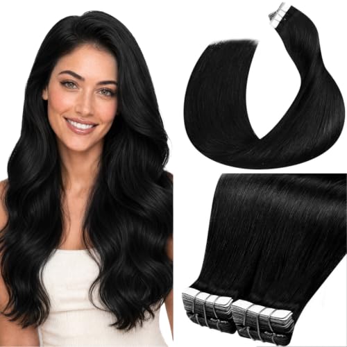 Image of LaaVoo Tape in Hair Extensions Black Tape on Extensions Real Human Hair 22Inch Tape ins Human Hair Extensions Jet Black 100g 40pcs