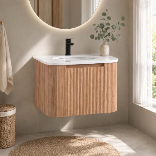 Image of 24 Inch Wall Mounted Bathroom Vanity with Ceramic Sink, Pre-Assembled Floating Vanity Cabinet with Marble Countertop, Wave Texture Finish & Drawer, Wood