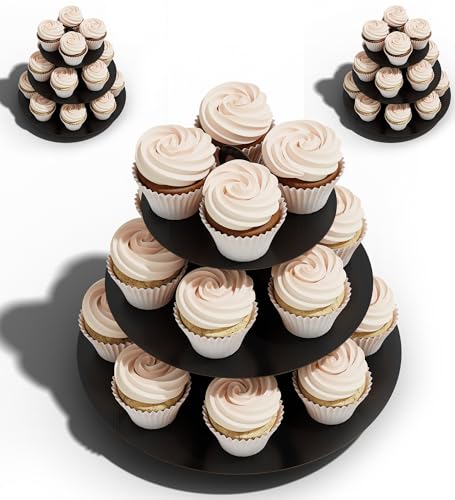 BLISSUR Cupcake Stand Tower, 3 Pack, Black, 3 Tiered, Cup Cake Stand Cardboard Dessert Holder for Parties (Black, Small, 3 Set)