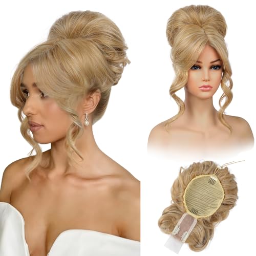 REECHO Messy Bun Hair Piece with Bangs 2-in-1 Drawstring Ponytail Extension Updo Wig & Hair Topper with Long Side Bangs Natural-Looking Hair Bun Hairpieces for Women - Honey Blonde