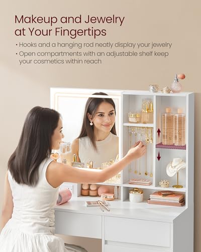 Image of VASAGLE KAILYN Collection - 35.4-Inch Vanity Desk with Mirror and Lights, Power Outlets, Modern Vanity Table, Jewelry Storage, Adjustable Shelves, for Bedroom, Cloud White URDT132WB03S