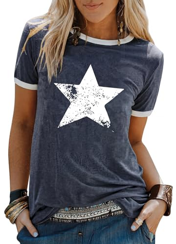 YEXIPO Graphic Tees for Women Short Sleeve Summer Tops Funny Letter Printed Loose Casual T Shirts Navy